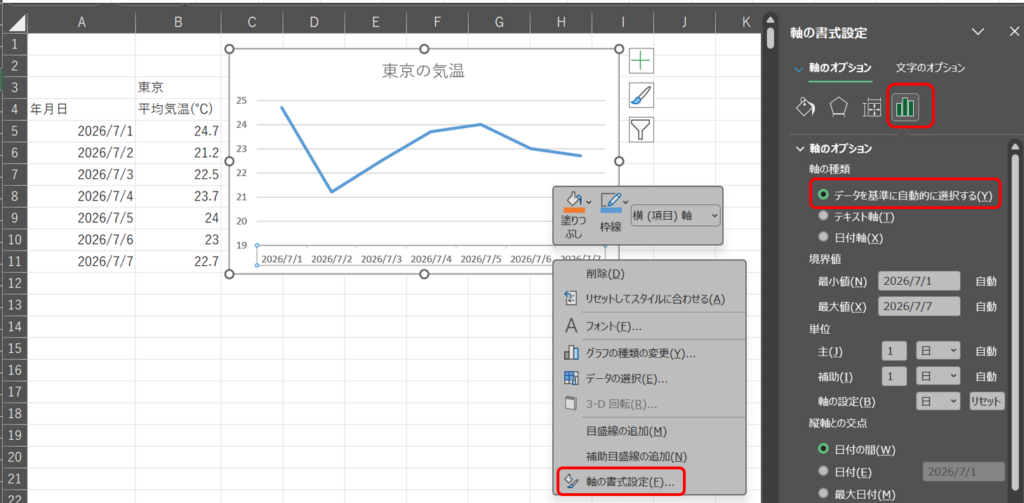 軸の書式設定ー軸のオプションにて、テキスト軸、日付軸、データを基準に自動的に選択する の設定箇所がわかる画像