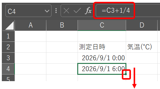 最初のセル（2026/9/1 0:00）の下のセルに、 =【上のセル】+1/4 という数式を入れ、下までオートフィルすることで、6時間刻みのデータを作成している画面
