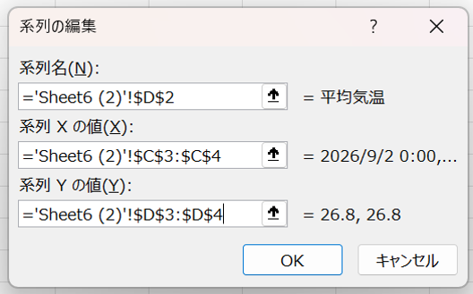 データの選択画面で、用意した補助線用の2点を指定している操作画面