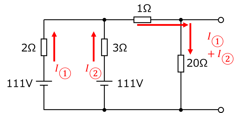 電流 I①、I②を定義した回路図